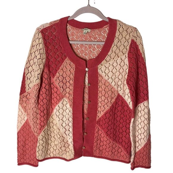 J Jill Open Loose Weave Argyle Cardigan Sweater Coral Pink Cotton Linen Sz‎ M - Picture 1 of 9